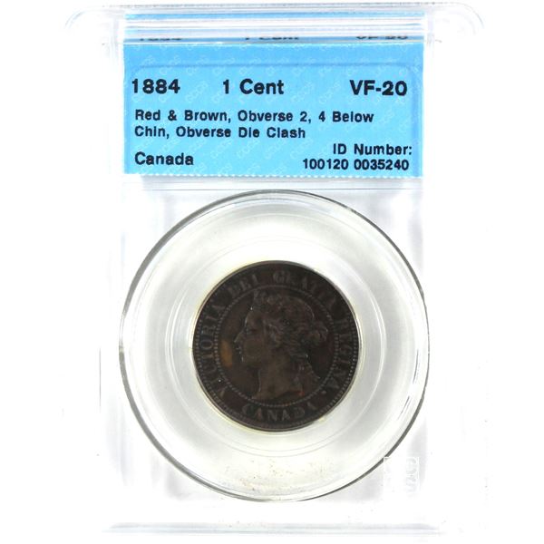 1884 Obverse 2, Obverse Die Clash, Canada 1-cent, 4 Under Chin CCCS Certified VF-20.