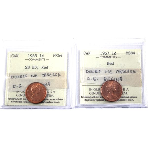 2x 1965-1967 Double Die Obverse 'D.G. Regina' 1-cent ICCS Certified MS-64 Red. 2pcs