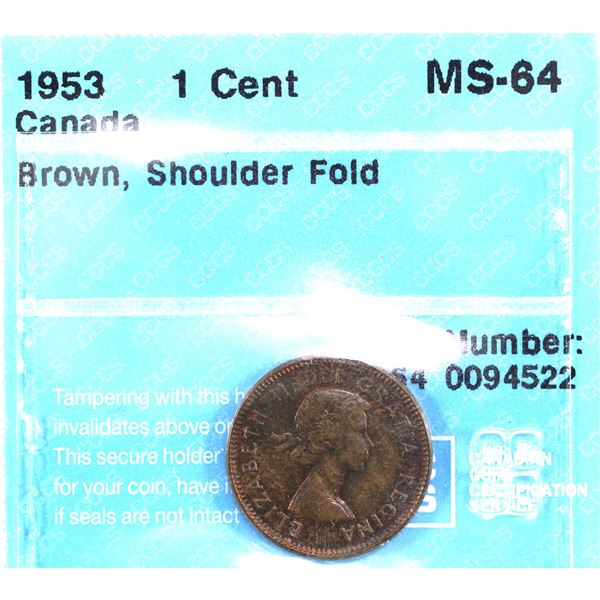 1953 SF Canada 1-cent ICCS Certified MS-64, Brown.