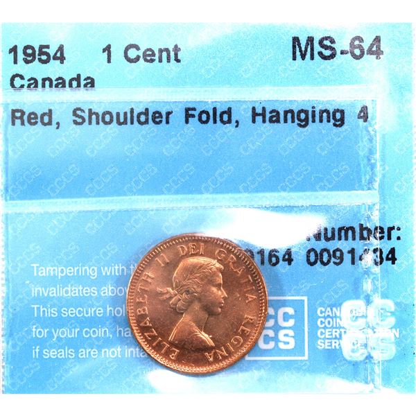 1954 SF Canada 1-cent Hanging 4 ICCS Certified MS-64, Red.