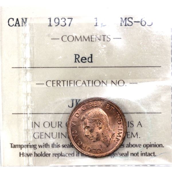 1937 Canada 1-cent ICCS Certified MS-65, Red.