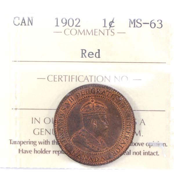 1902 Canada 1-cent ICCS Certified MS-63, Red.