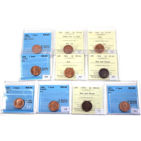 10x 1960-1971 Canada 1-cent CCCS/ICCS Certified Pennies in MS-63 or Better. 10pcs.