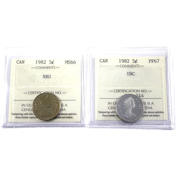 Lot of 2x 1982 Canada 5-cent ICCS Certified Coins. Lot Includes: NBU MS-66, & UHC PF-67. 2pcs.