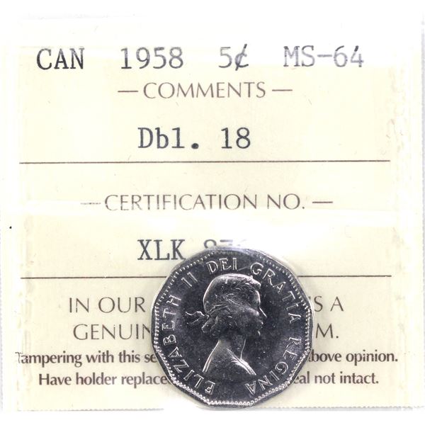 1958 Dbl. 18, Canada 5-cent, ICCS Certified MS-64.  Soft bronze toning.