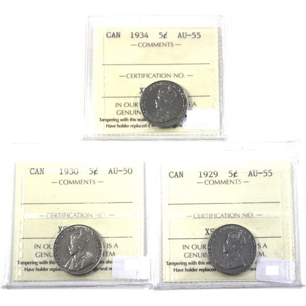 3x 1929-1934  Canada 5-cent ICCS Certified AU Nickels