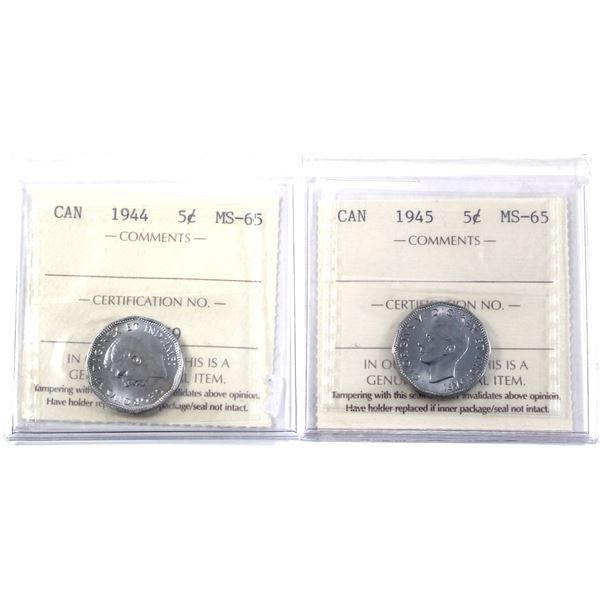 2x 1944 & 1945 Canada 5-cent ICCS Certified MS-65 Nickels. 2pcs.