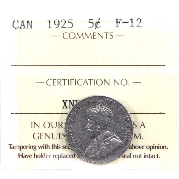 1925 Canada 5-cent ICCS Certified F-12.