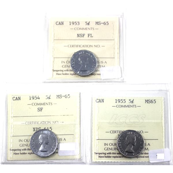 1953 NSF FL, 1954 SF & 1955 Canada 5-cent ICCS Certified MS-65 Nickels. 3pcs.