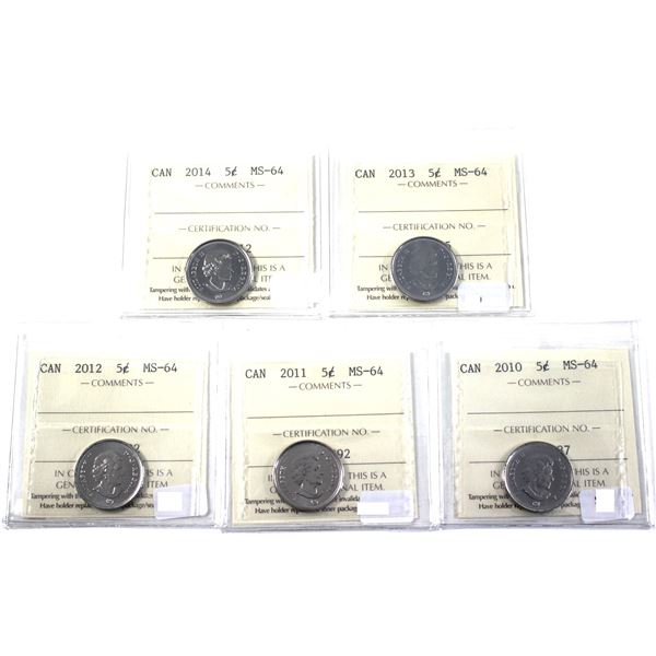 Lot of 5x 2010-2014 Canada 5-cent, ICCS Certified MS-64 Nickels  5pcs.