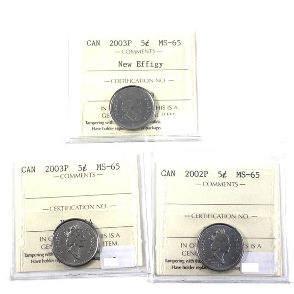Lot of 3x 2002-2003 Canada 5-cent, ICCS Certified MS-65 Nickels. 3pcs.