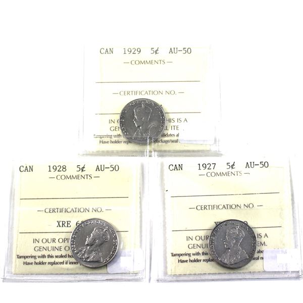 1927,1928 & 1929 Canada 5-cent ICCS Certified AU-50 Nickels. 3pcs.