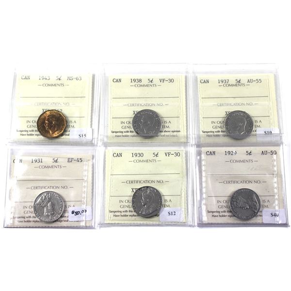 6x 1929-1943 Canada 5-cent, ICCS Certified Nickels in VF-30 or Better Condition. 6pcs.