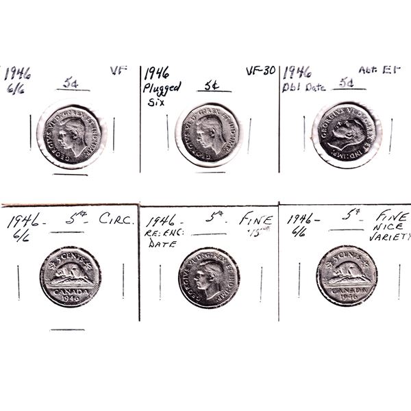 6x 1946 Canada 5-cent, Nickels in CIRC-EF Condition