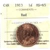 1-cent 1913 ICCS Certified MS65 RED! A bright natural near full red coin with exceptional eye appeal