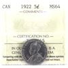 5-cent 1922 Near Rim ICCS Certified  MS64. Bright flashy coin