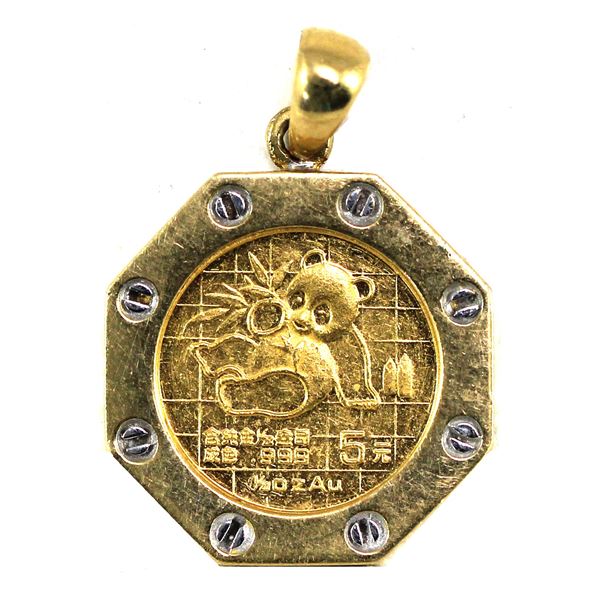 Unique! 1989 China 5 Yuan 1/20oz .999 Fine Gold Panda in 18K Gold Bezel. (Tax Exempt)