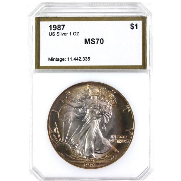 1987 USA 1oz Fine Silver Eagle PCI Certified MS-70. Attractive toning! (Tax Exempt)