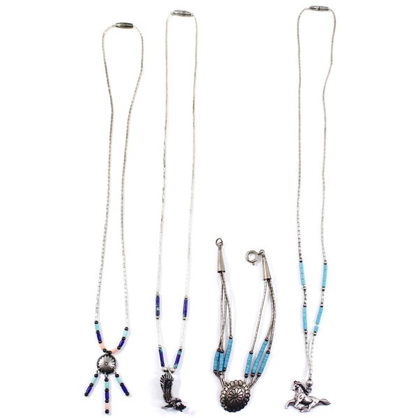 Unique lot of Native Style Sterling Silver and Bead Jewelry. 3x pendant necklaces with bracelet. 4pc