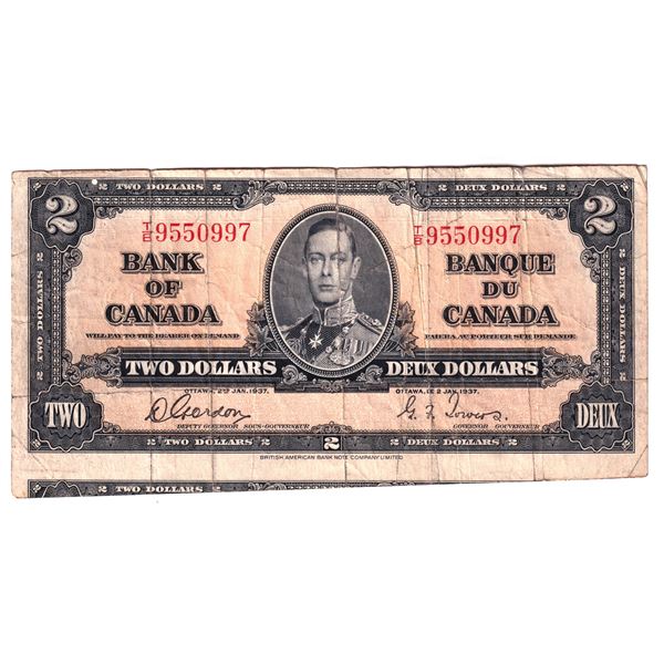 1937 Bank of Canada $2 Gordon-Towers Banknote which is Cut Off-Size.