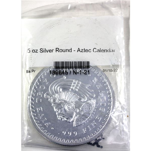 5oz Aztec Calendar .999 Fine Silver Round. (Tax Exempt)