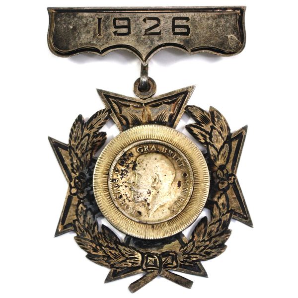 Interesting 1926 Engraved Sterling Silver Medal with 1914 Great Britain 6 Pence Mounted in Middle.