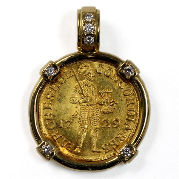 1729 Dutch Republic 1 Ducat 0.986 Gold Coin in 14K Bezel with 7 Diamonds Placed on the Face and Loop