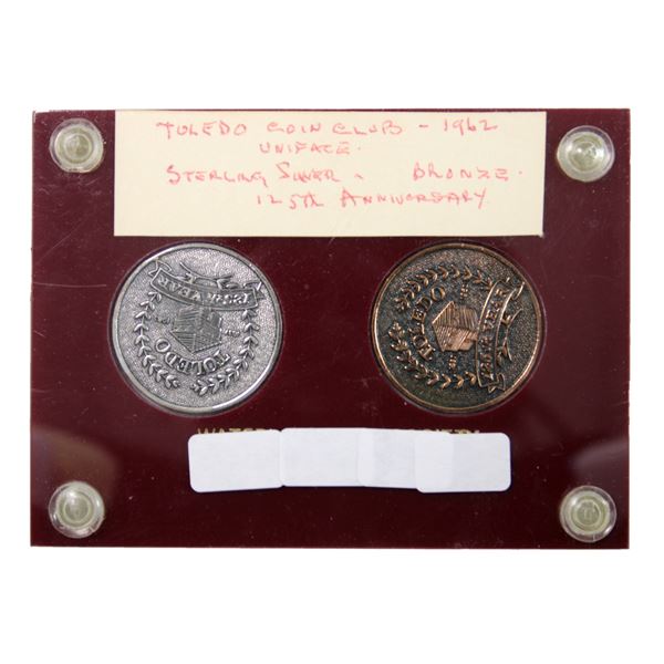 1837-1962 Toledo Coin Club 125th Anniversary 2-coin Sterling Silver and Bronze Set in Hard Plastic.
