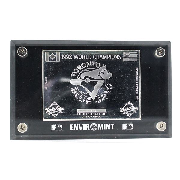 Enviromint 1992 Toronto Blue Jays World Champions 3oz .999 Fine Silver Collector's Card. (Tax Exempt