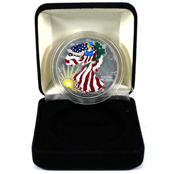 2000 USA 1oz Coloured Fine Silver Eagle Encapsulated in Black Display Box. (Tax Exempt)