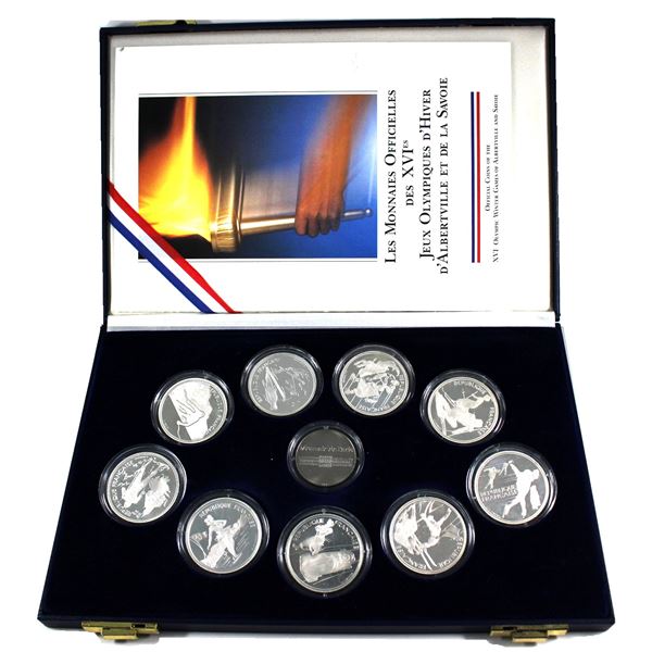 1992 Albertville and Savoie Winter Olympics Official Silver 9-coin with Medallion Set.