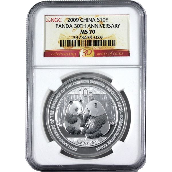 2009 China 1oz Fine Silver Panda NGC Certified MS70 Special 30th Anniversary Label. (Tax Exempt)