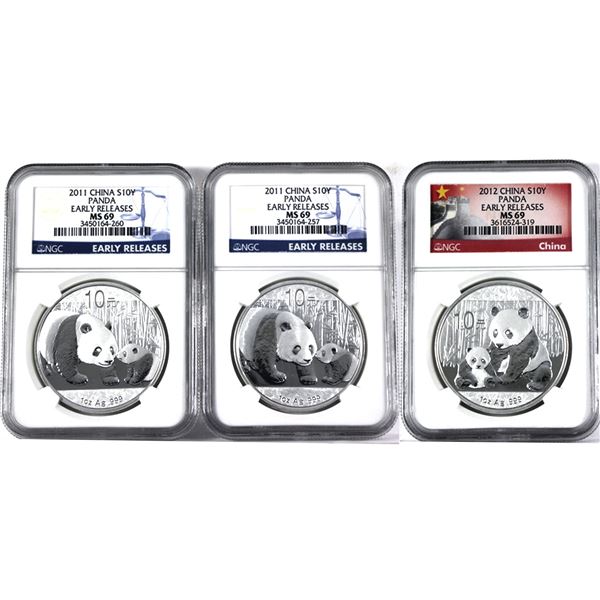 2011 & 2012 China 1oz .999 Fine Silver Pandas NGC Certified MS69 Early Releases. 3pcs (Tax Exempt)