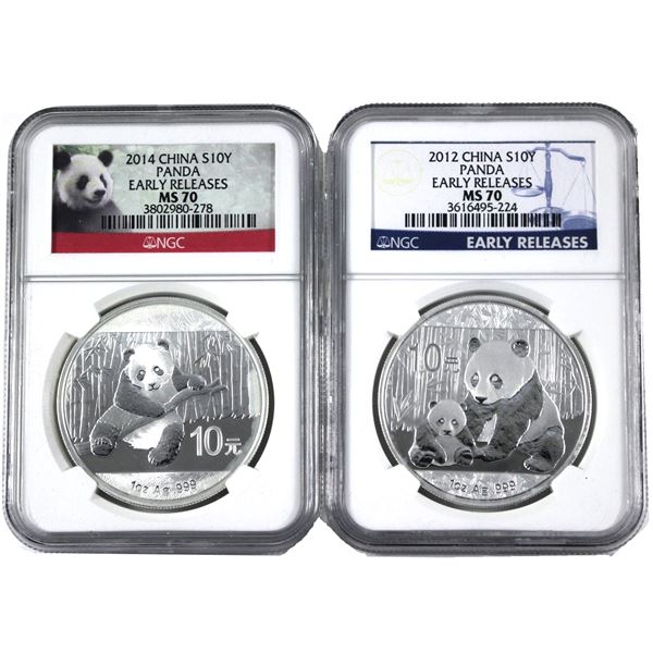 2012 & 2014 China 1oz .999 Fine Silver Pandas NGC Certified MS-70 Early Releases. 2pcs (Tax Exempt)