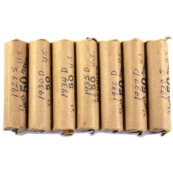 7x 1929-1939 USA Penny Rolls. Includes 1929-P, 1930-D, 1934-D, 1935-D, 1936-D, 1937-D, and 1939-S. 7