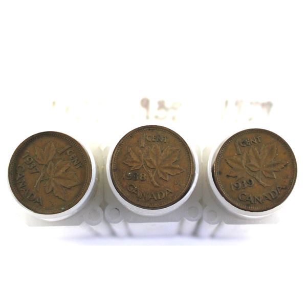 Lot of 3x 1937-1939 Canada 1-cent  Rolls in Tubes. Average condition. You will receive one of each y