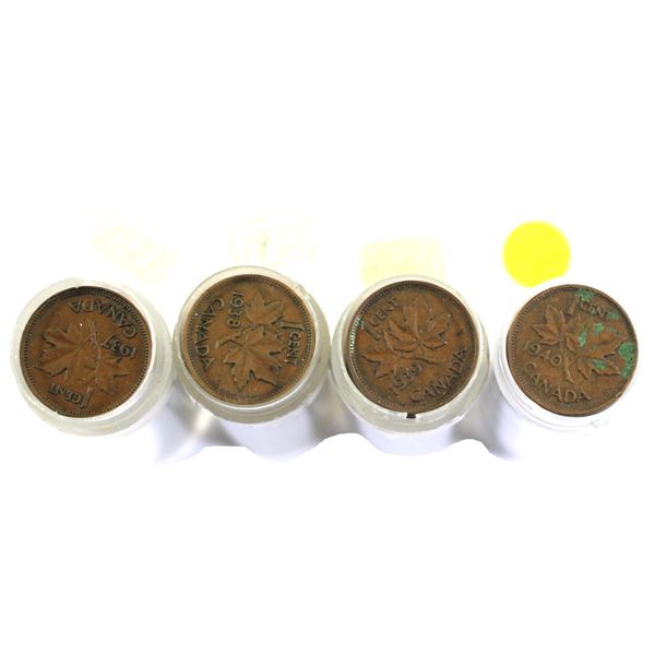 Lot of 4x 1937-1940 Canada 1-cent  Rolls in Tubes. Includes one of each year. Average condition.