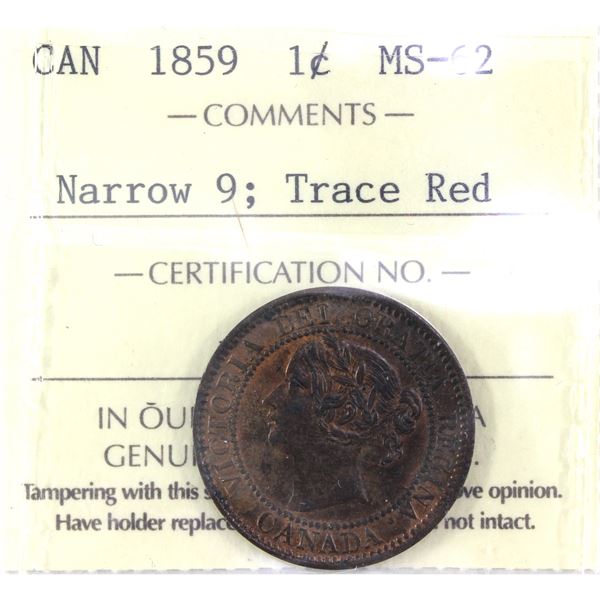 1859 Narrow 9, Canada 1-cent ICCS Certified, MS-62, Trace Red