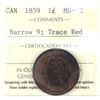 Image 1 : 1859 Narrow 9, Canada 1-cent ICCS Certified, MS-62, Trace Red