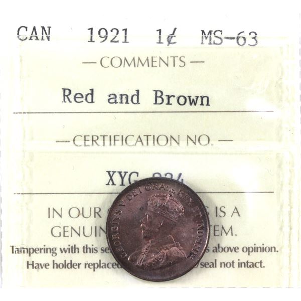 1921 Canada 1-cent ICCS Certified MS-63, Red & Brown