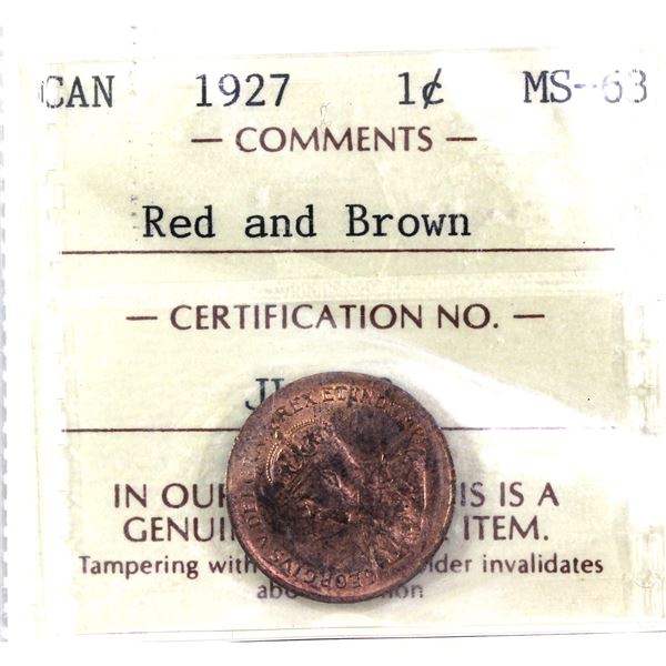 1927 Canada 1-cent ICCS Certified MS-63, Red & Brown