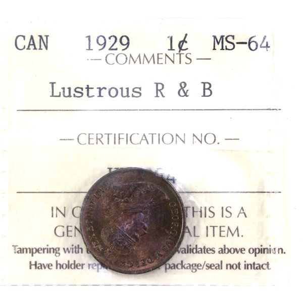1929 Canada 1-cent ICCS Certified MS-64, Lustrous Red & Brown