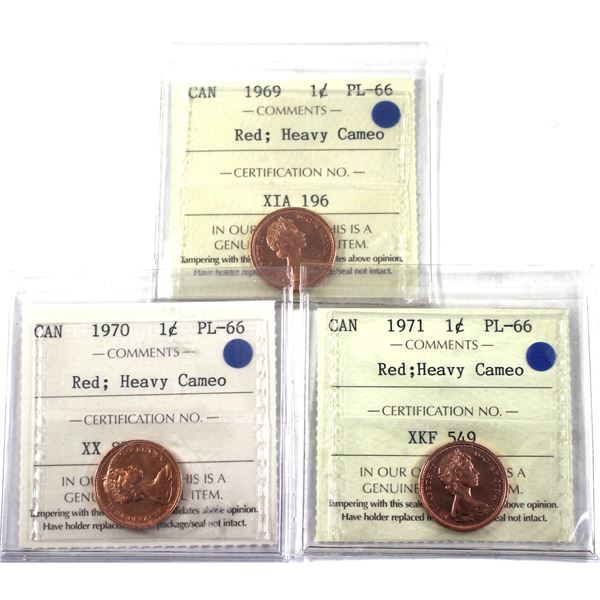 1969, 1970, & 1971 Canada 1-cent ICCS Certified PL-66, Red, Heavy Cameo. 3pcs.
