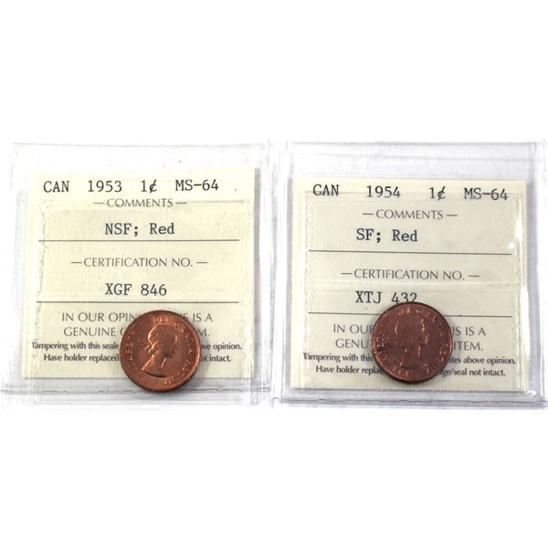 Lot of 2x 1953-1954 NSF/SF Canada 1-cent ICCS Certified MS-64, Red. 2pcs.