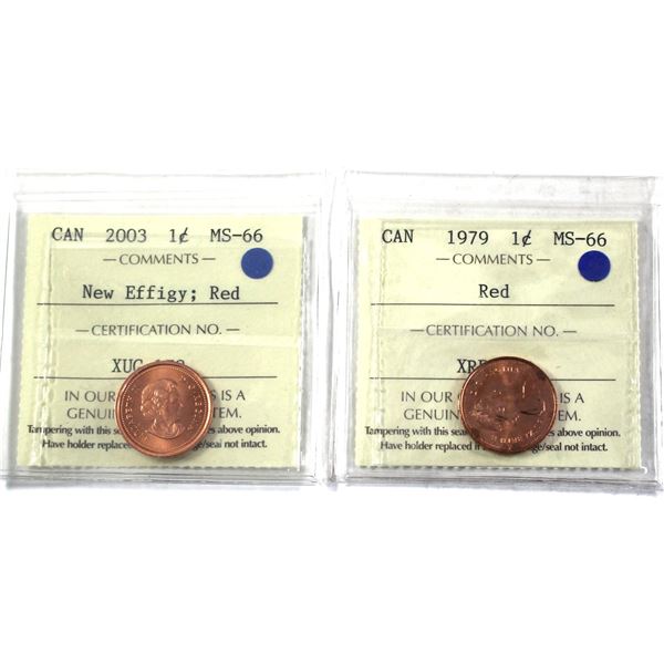 Lot of 2x 1979-2003 Canada 1-cent ICCS Certified, MS-66, Red