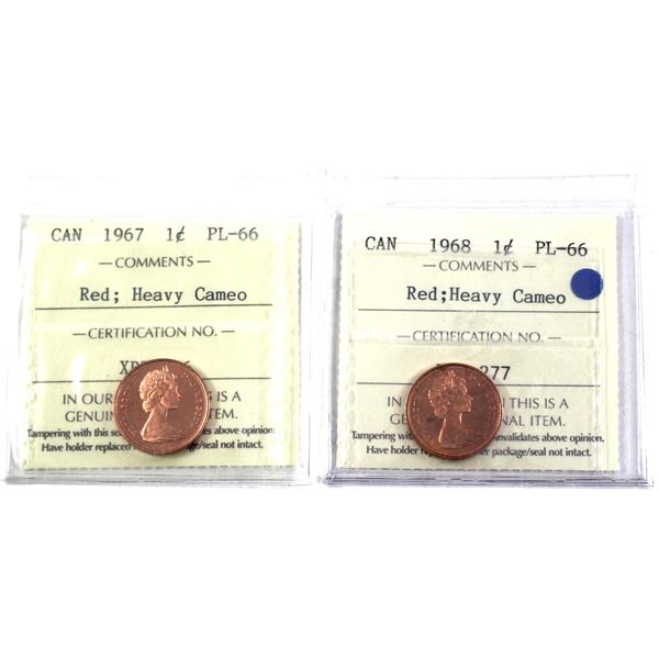 1967 & 1968 Canada 1-cent ICCS Certified PL-66, Red, Heavy Cameo. 2pcs.