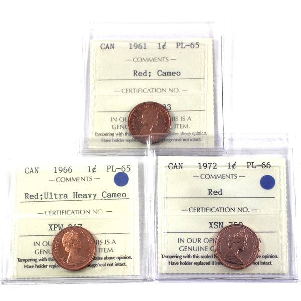 Lot of 3x 1961-1972 Canada 1-cent ICCS Certified PL-65 to PL-66, Red. 3pcs.