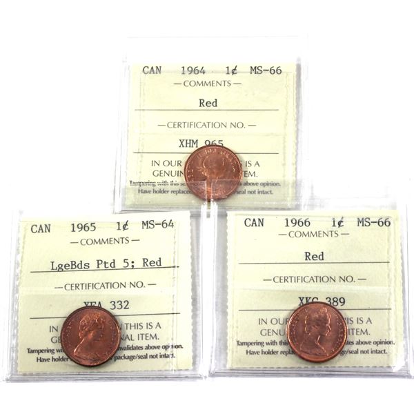 Lot of 3x 1964-1966 Canada 1-cent ICCS Certified MS-64 to MS-66, Red. 3pcs.