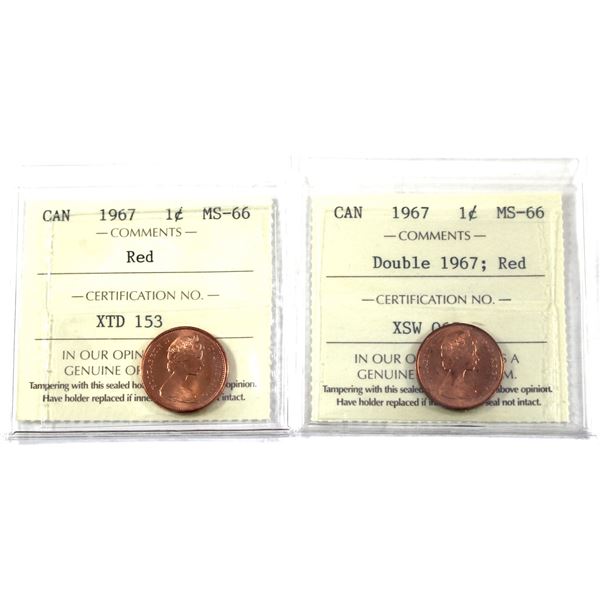 2x 1967 Canada 1-cent ICCS Certified MS-66, Red. Includes: Double 1967, & Standard. 2pcs.