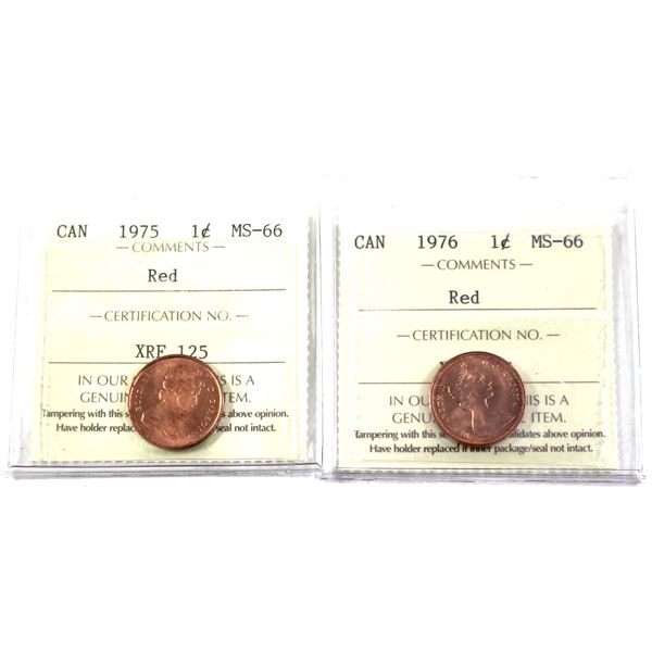 1975 & 1976 Canada 1-cent ICCS Certified MS-66, Red. 2pcs.